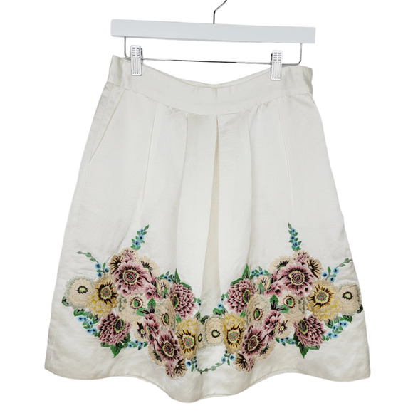 Biya Johnny Was Floral Embroidered Pleated A-line Silk Blend Skirt - Size S - Picture 1 of 4